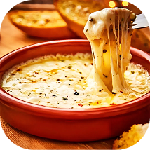 Provoleta derretida y estirada en una cazuela de terracota esmaltada sobre una tabla de madera.